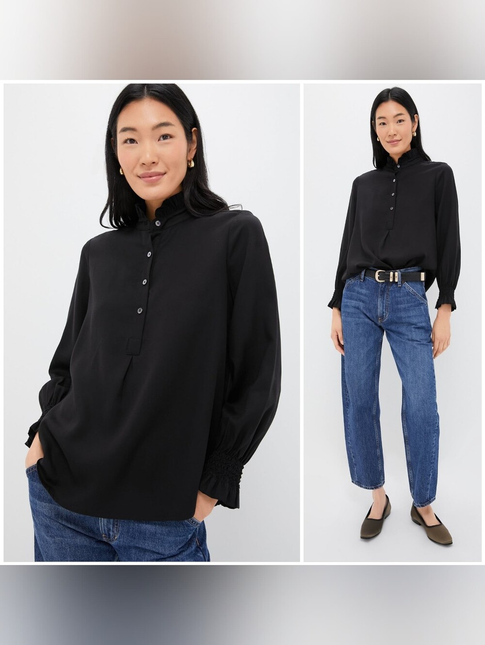 Tuckernuck Black Teagan Popover Shirt, Black XXL, Ruffle High Neck Smocked Cuffs